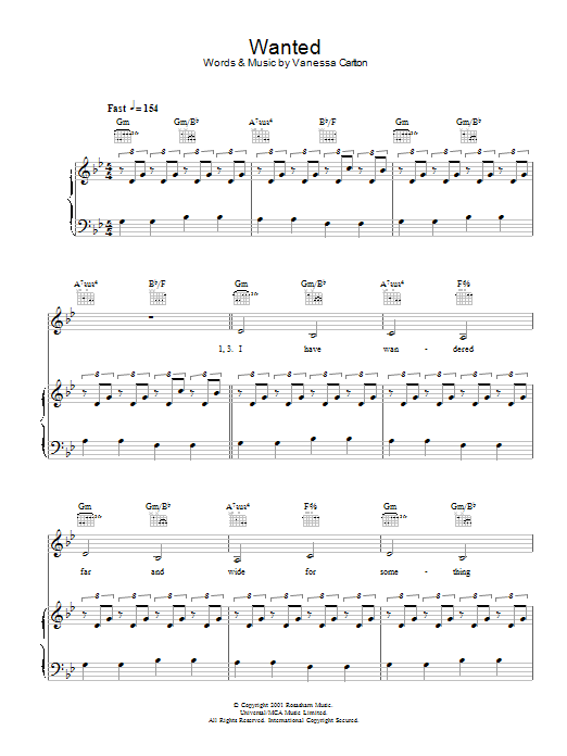 Vanessa Carlton Wanted Sheet Music Notes & Chords for Piano, Vocal & Guitar - Download or Print PDF