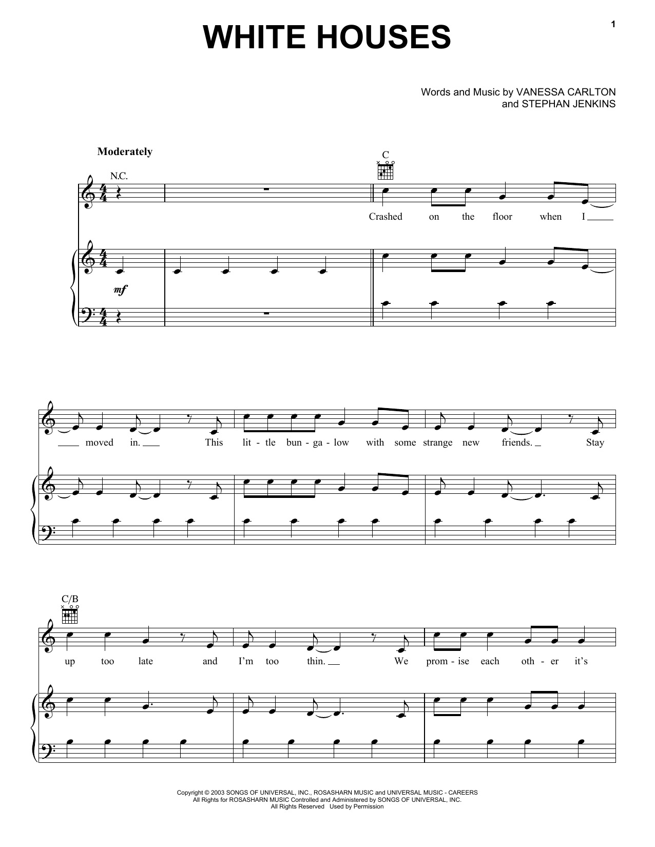 Vanessa Carlton White Houses Sheet Music Notes & Chords for Piano, Vocal & Guitar (Right-Hand Melody) - Download or Print PDF