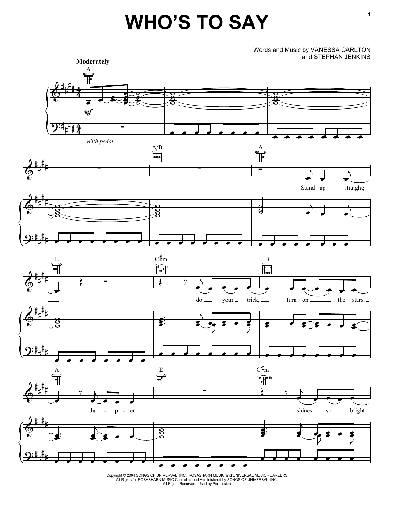 Vanessa Carlton Who's To Say Sheet Music Notes & Chords for Piano, Vocal & Guitar (Right-Hand Melody) - Download or Print PDF