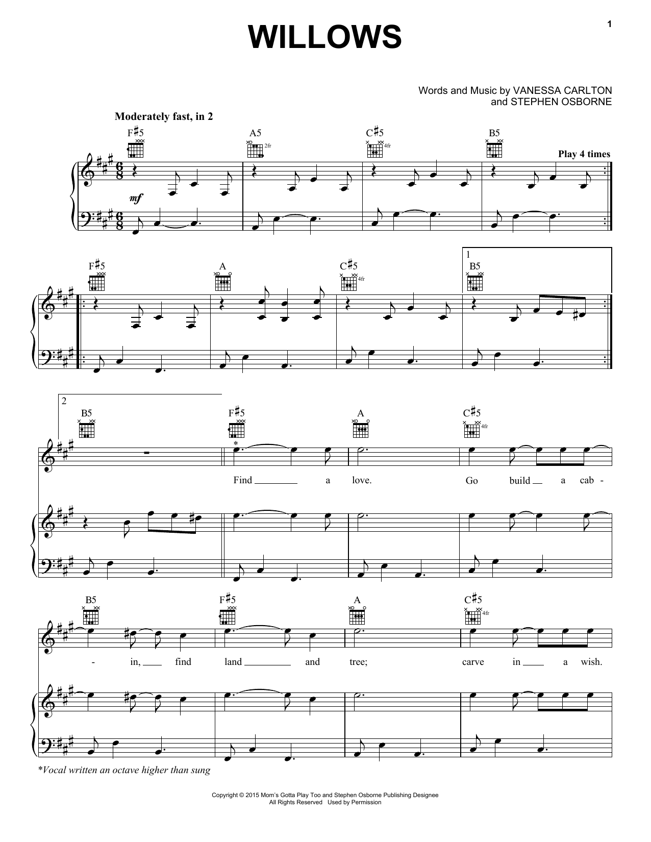 Vanessa Carlton Willows Sheet Music Notes & Chords for Piano, Vocal & Guitar (Right-Hand Melody) - Download or Print PDF