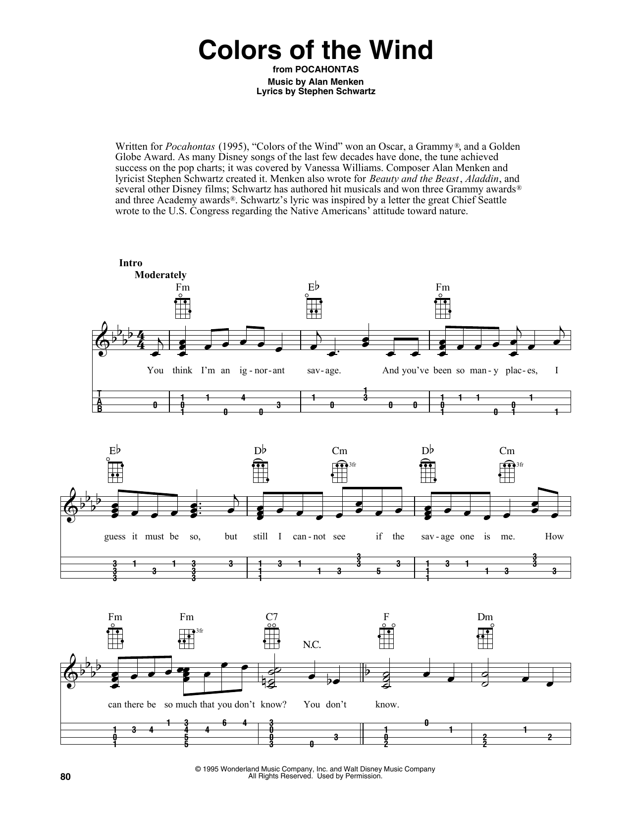 Vanessa Williams Colors Of The Wind (from Pocahontas) (arr. Fred Sokolow) Sheet Music Notes & Chords for Easy Ukulele Tab - Download or Print PDF