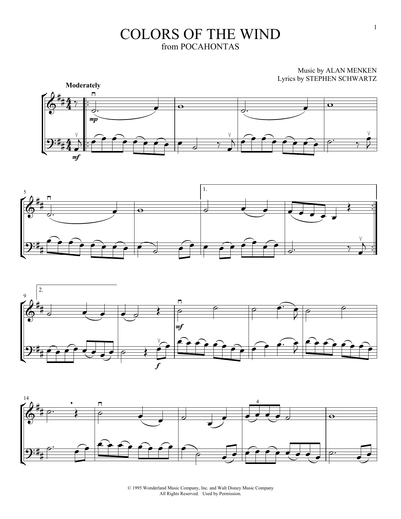 Vanessa Williams Colors Of The Wind (from Pocahontas) (arr. Michelle Hynson) Sheet Music Notes & Chords for Instrumental Duet - Download or Print PDF