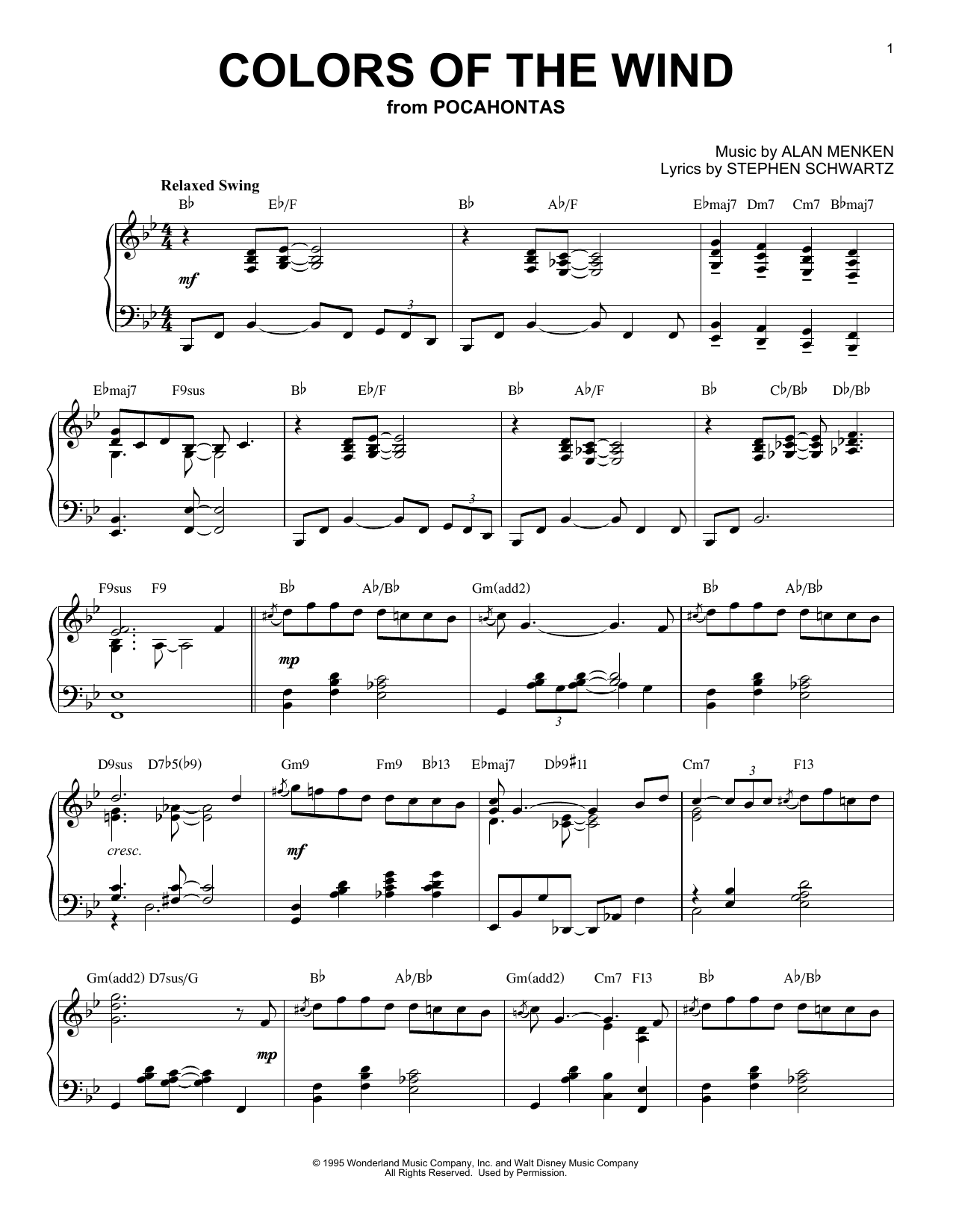 Vanessa Williams Colors Of The Wind [Jazz version] (from Disney's Pocahontas) Sheet Music Notes & Chords for Piano - Download or Print PDF