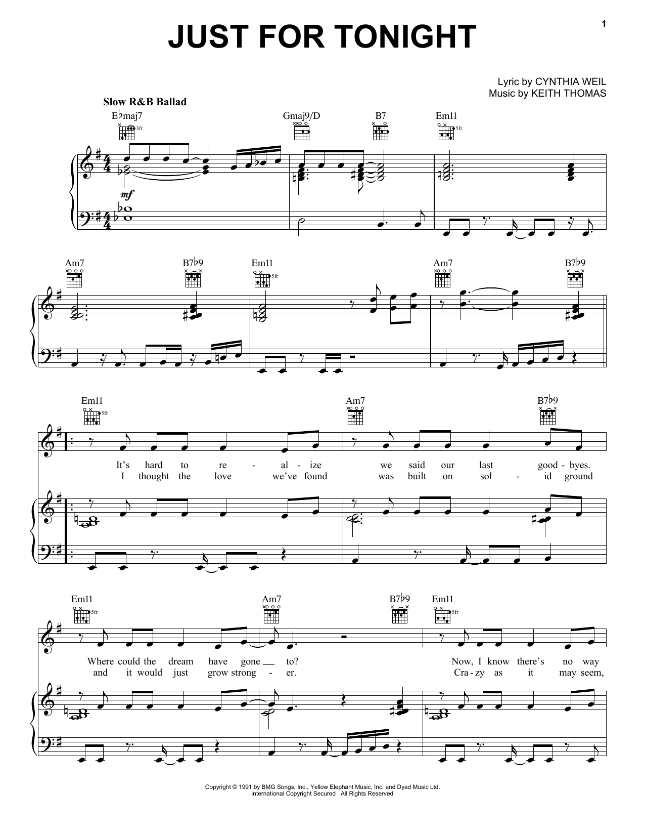 Vanessa Williams Just For Tonight Sheet Music Notes & Chords for Piano, Vocal & Guitar Chords (Right-Hand Melody) - Download or Print PDF