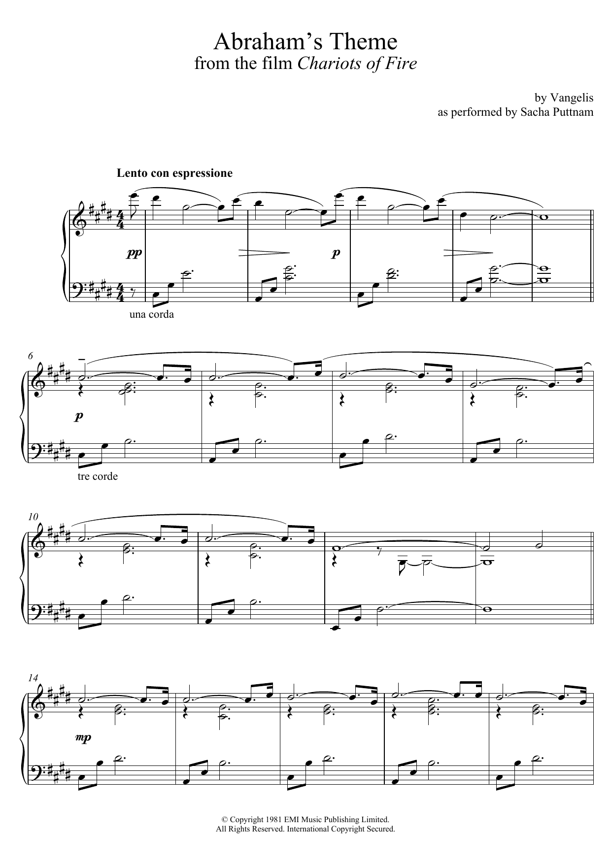 Vangelis Abraham's Theme (from Chariots Of Fire) (as performed by Sacha Puttnam) Sheet Music Notes & Chords for Piano - Download or Print PDF