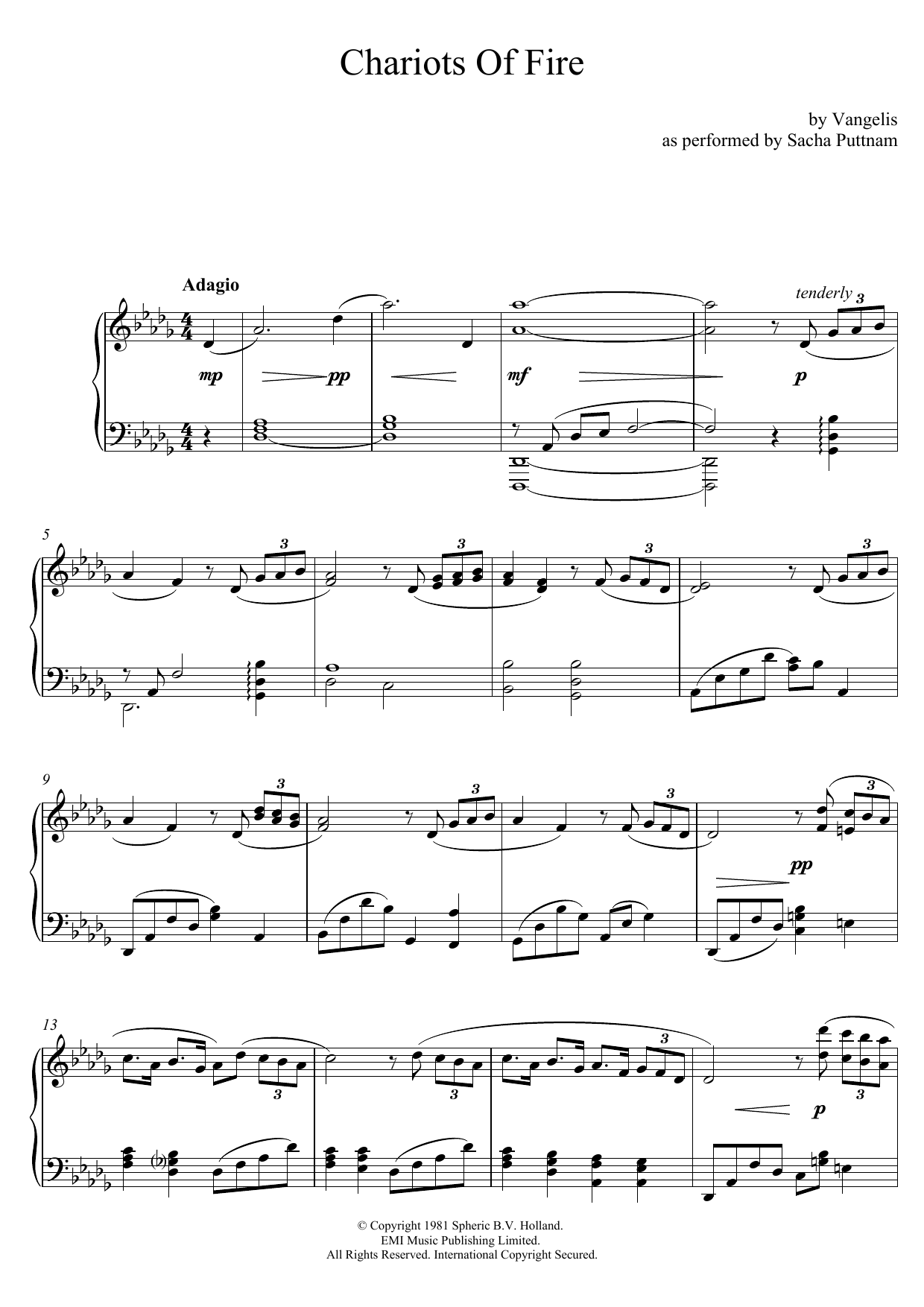 Vangelis Chariots Of Fire (as performed by Sacha Puttnam) Sheet Music Notes & Chords for Piano - Download or Print PDF