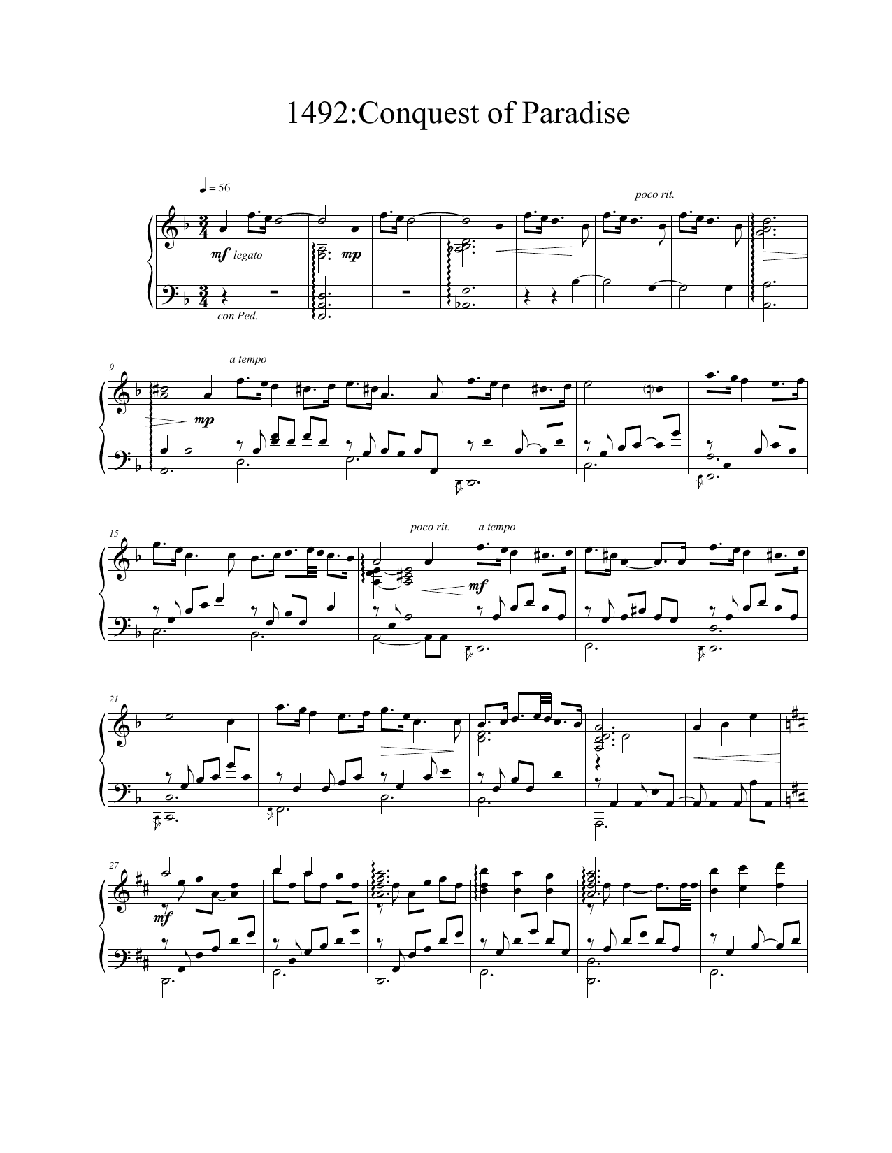 Vangelis Conquest Of Paradise Sheet Music Notes & Chords for Piano Solo - Download or Print PDF