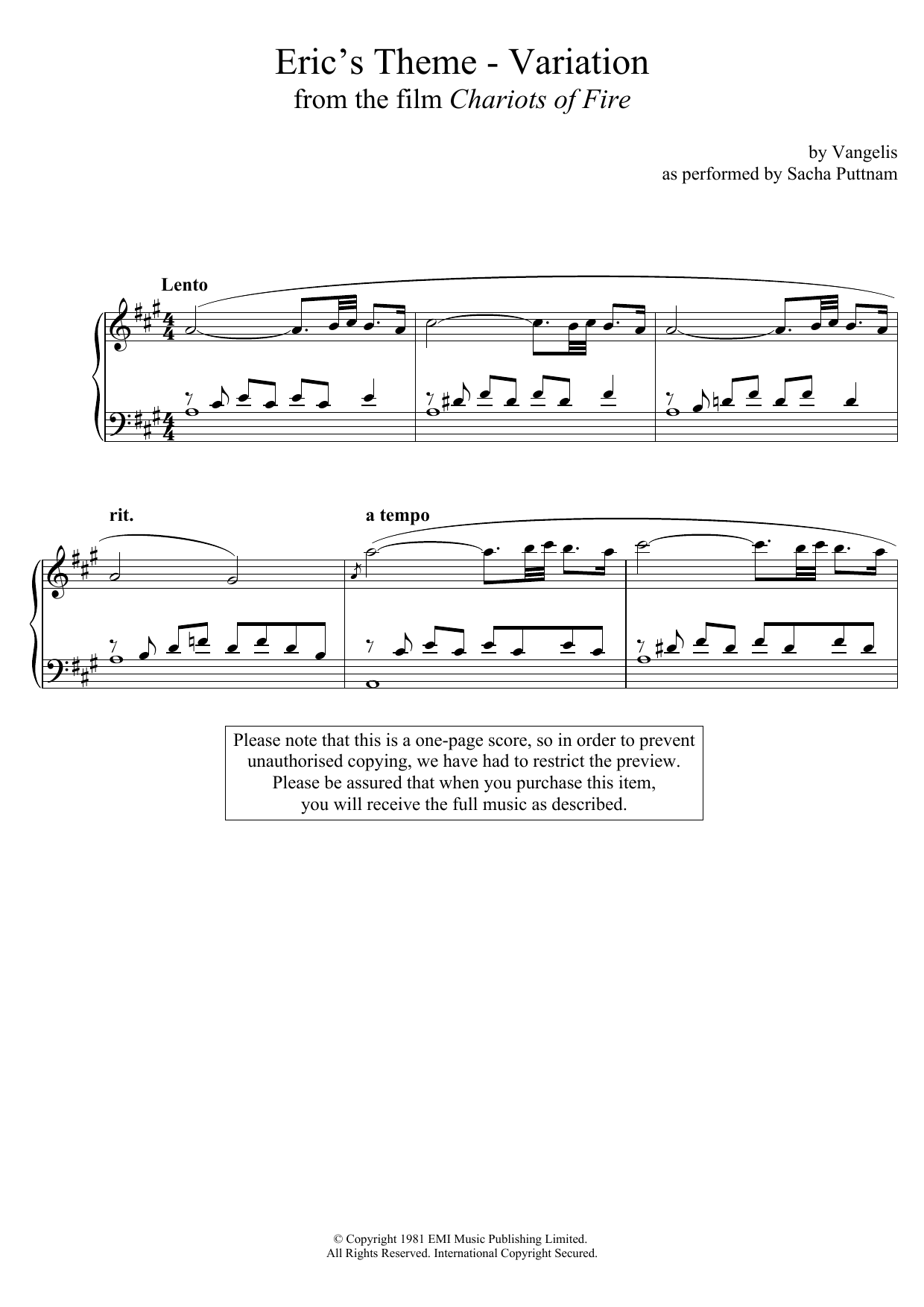 Vangelis Eric's Theme- Variation (From Chariots Of Fire) (as performed by Sacha Puttnam) Sheet Music Notes & Chords for Piano - Download or Print PDF