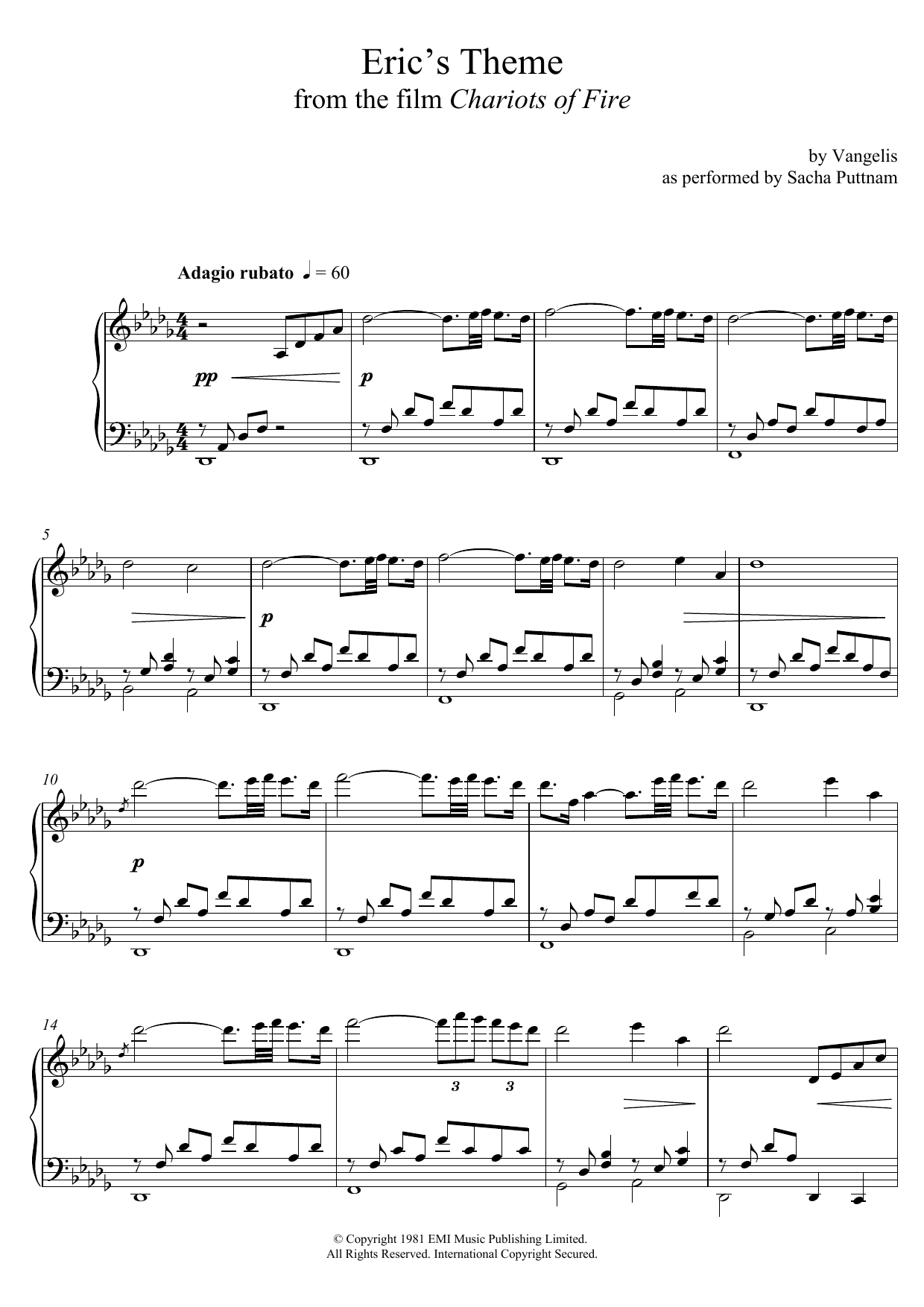 Vangelis Eric's Theme (from Chariots Of Fire) (as performed by Sacha Puttnam) Sheet Music Notes & Chords for Piano - Download or Print PDF