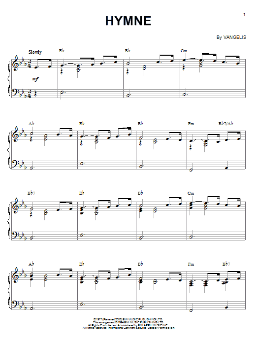 Vangelis Hymne Sheet Music Notes & Chords for Harp - Download or Print PDF