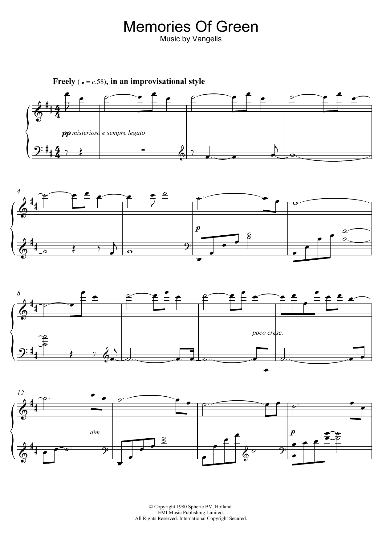 Vangelis Memories Of Green (from Blade Runner) Sheet Music Notes & Chords for Piano - Download or Print PDF