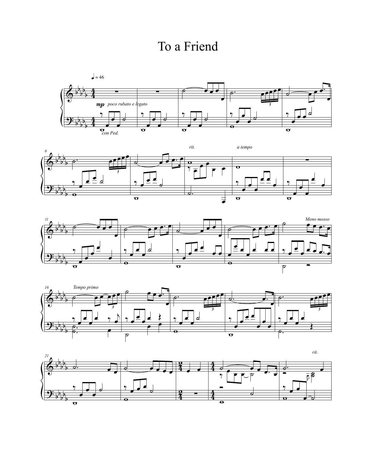 Vangelis To A Friend Sheet Music Notes & Chords for Piano Solo - Download or Print PDF