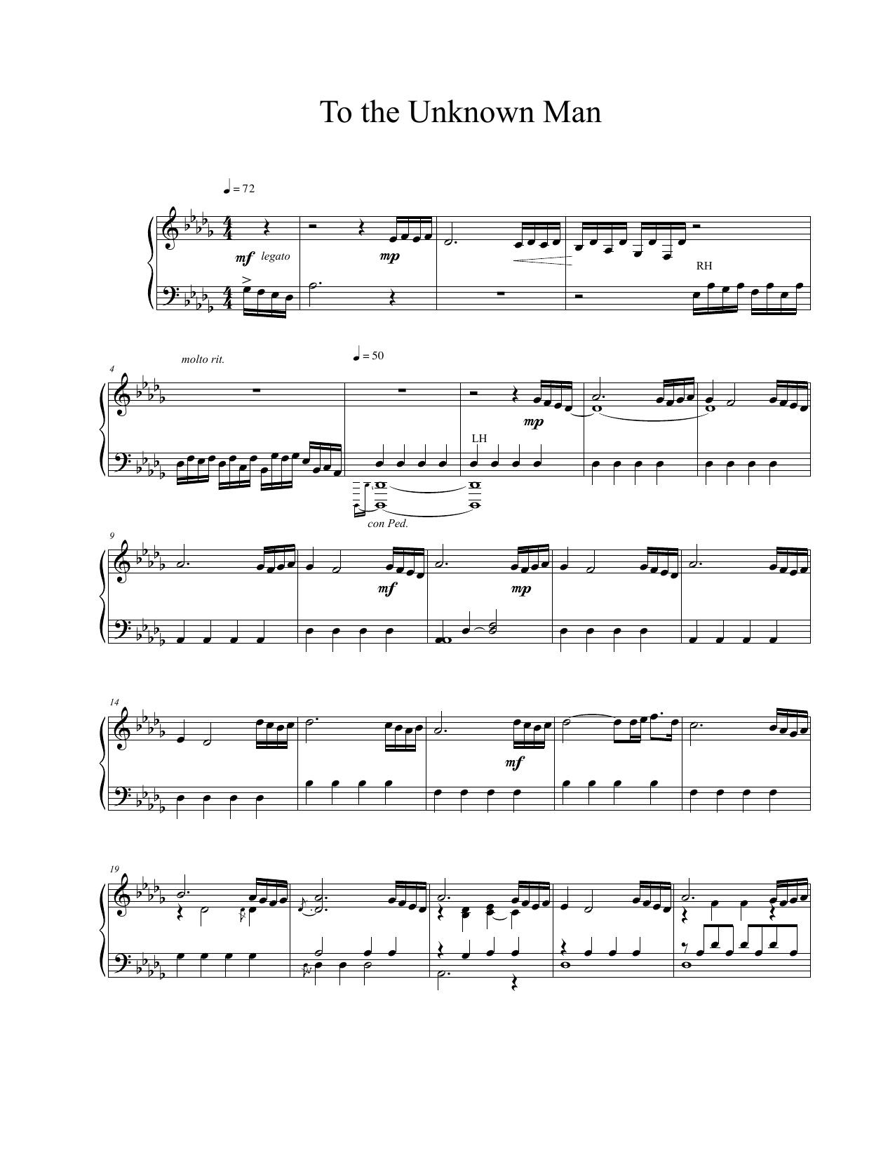 Vangelis To The Unknown Man Sheet Music Notes & Chords for Piano Solo - Download or Print PDF