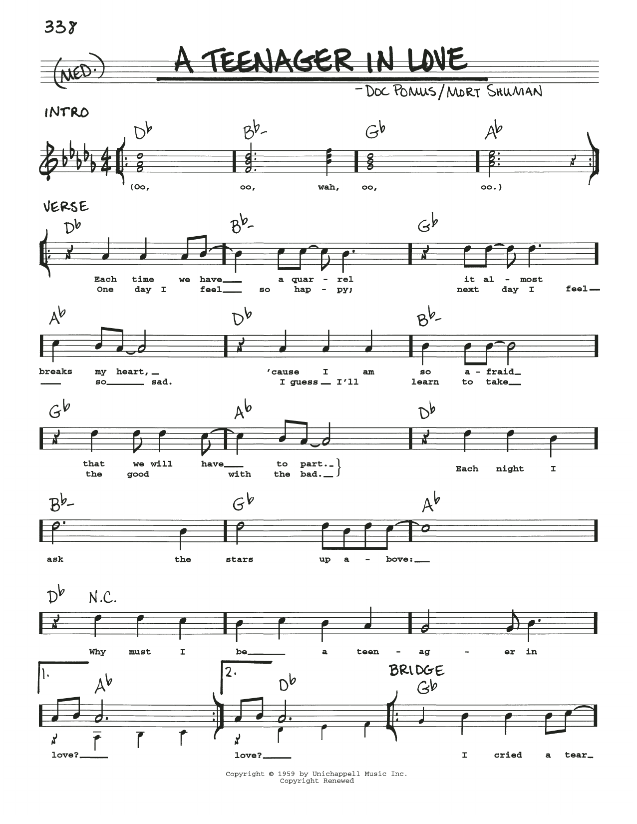 Various A Teenager In Love Sheet Music Notes & Chords for Real Book – Melody, Lyrics & Chords - Download or Print PDF
