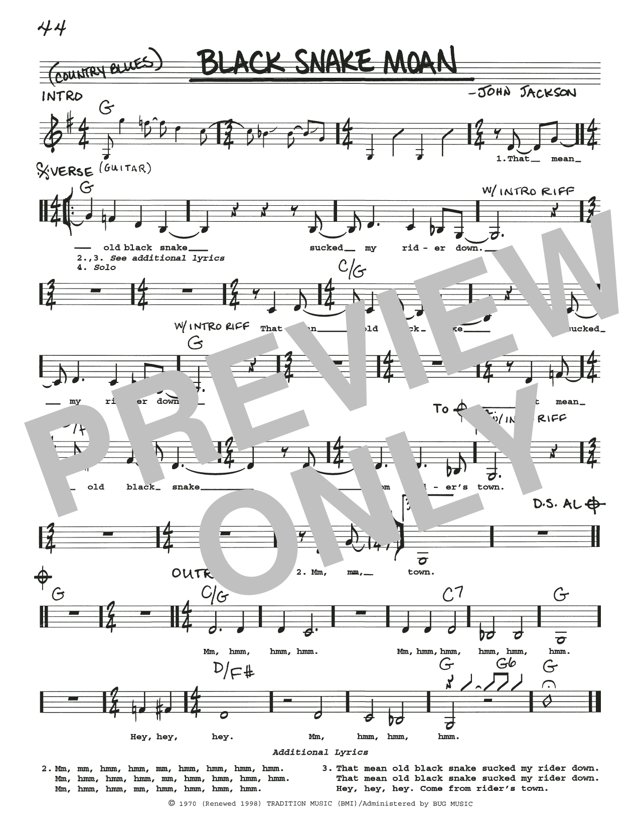 Various Black Snake Moan Sheet Music Notes & Chords for Real Book – Melody, Lyrics & Chords - Download or Print PDF