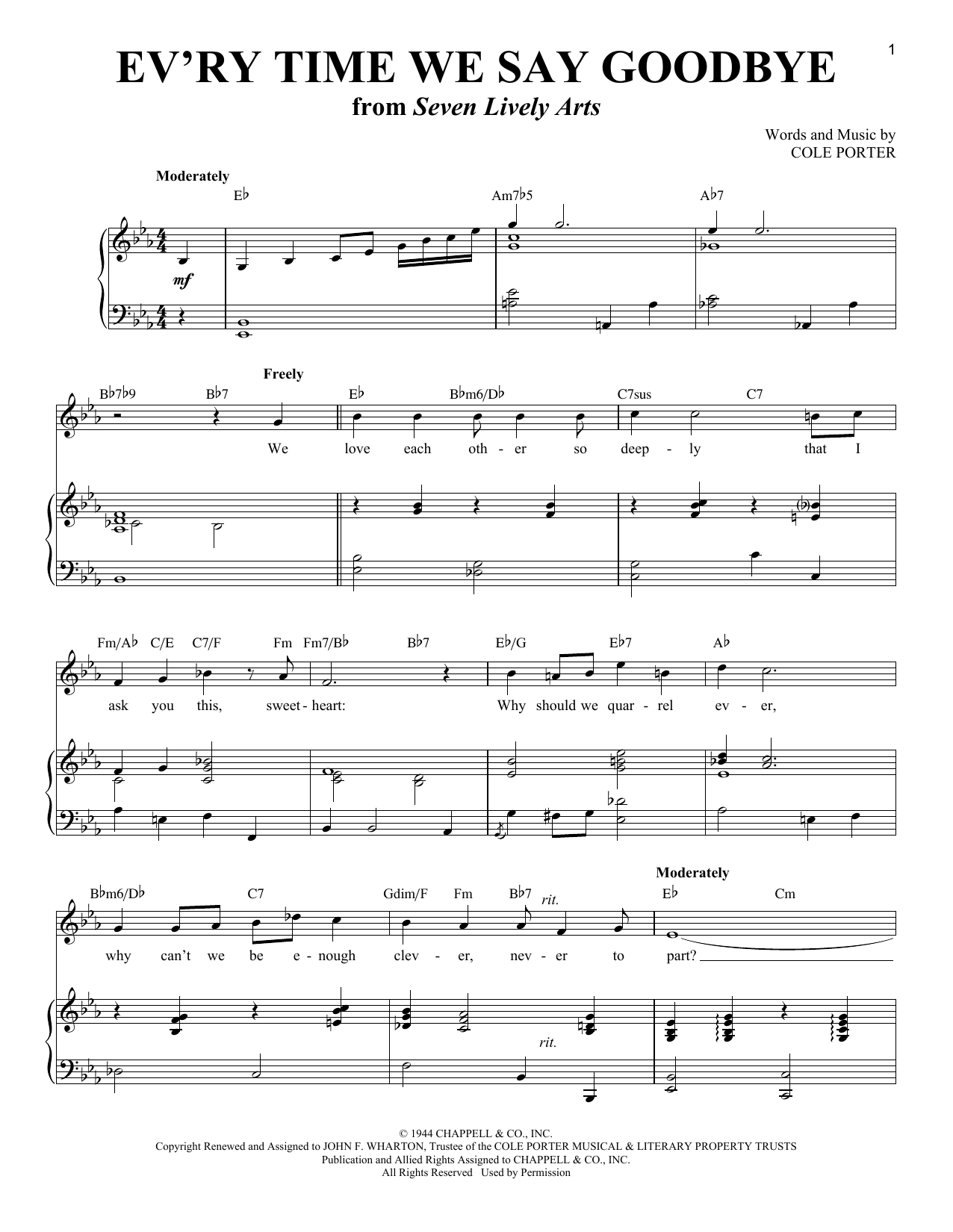 Various Ev'ry Time We Say Goodbye Sheet Music Notes & Chords for Piano & Vocal - Download or Print PDF