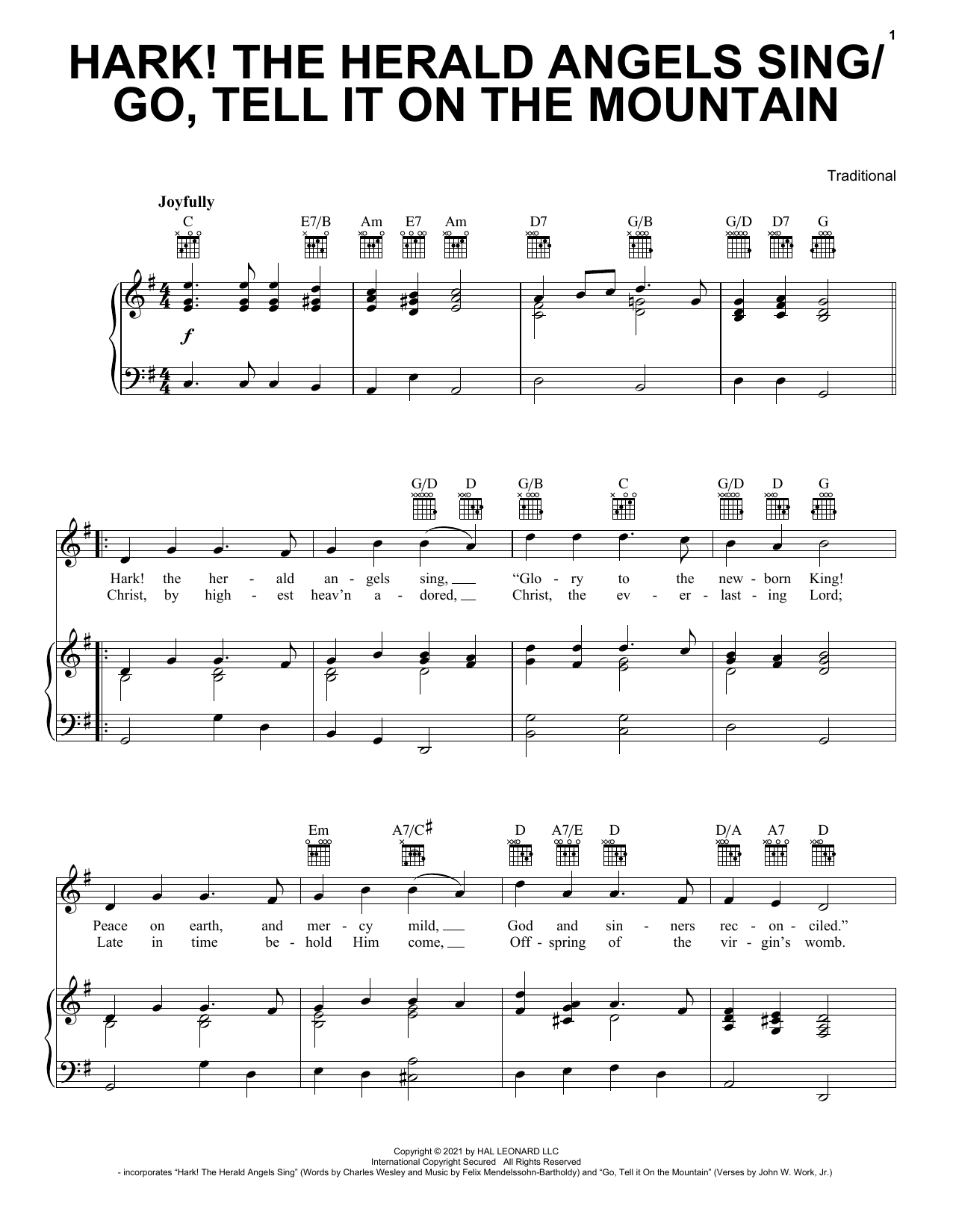 Various Hark! The Herald Angels Sing / Go, Tell It On The Mountain Sheet Music Notes & Chords for Piano, Vocal & Guitar Chords (Right-Hand Melody) - Download or Print PDF