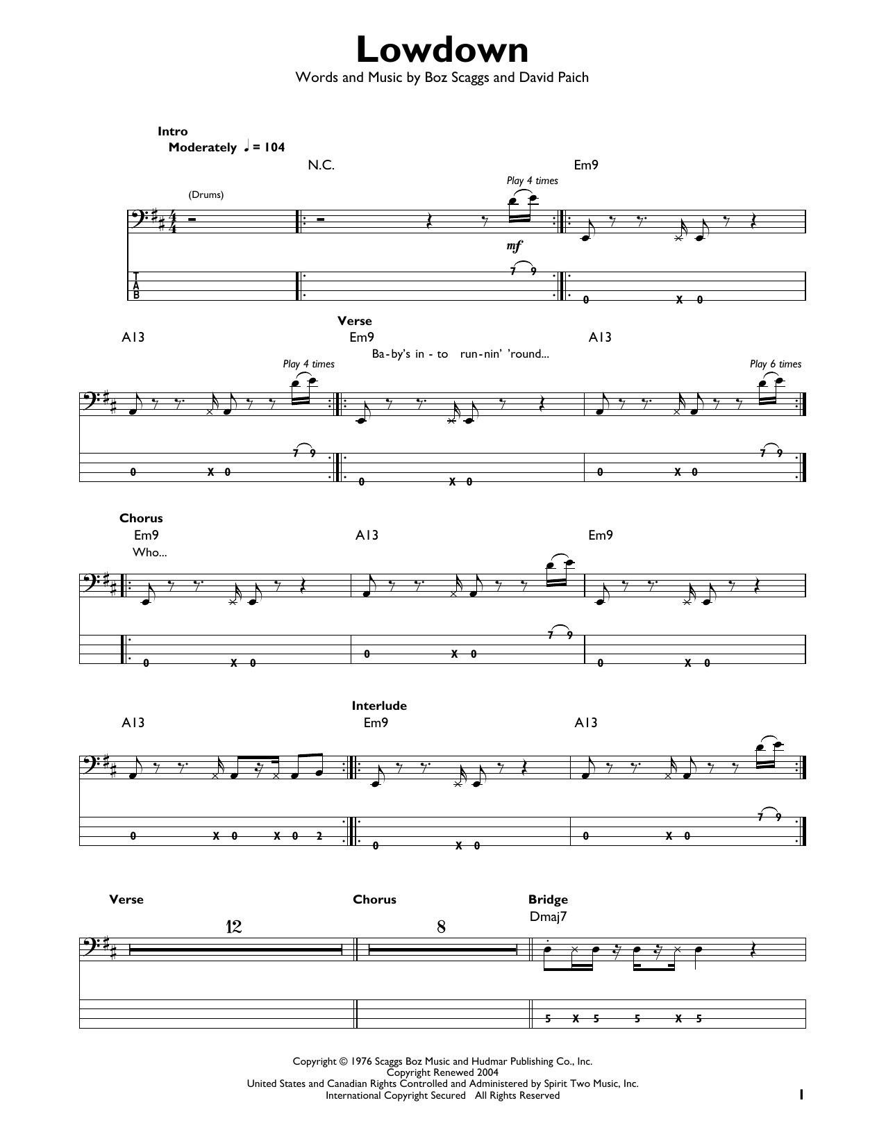 Various Lowdown Sheet Music Notes & Chords for Easy Bass Tab - Download or Print PDF