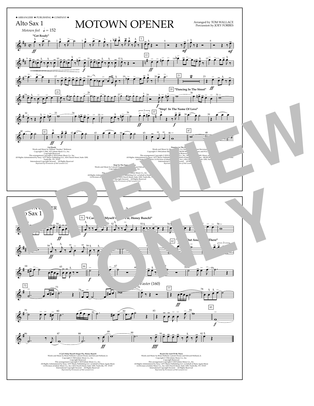 Various Motown Theme Show Opener (arr. Tom Wallace) - Alto Sax 1 Sheet Music Notes & Chords for Marching Band - Download or Print PDF