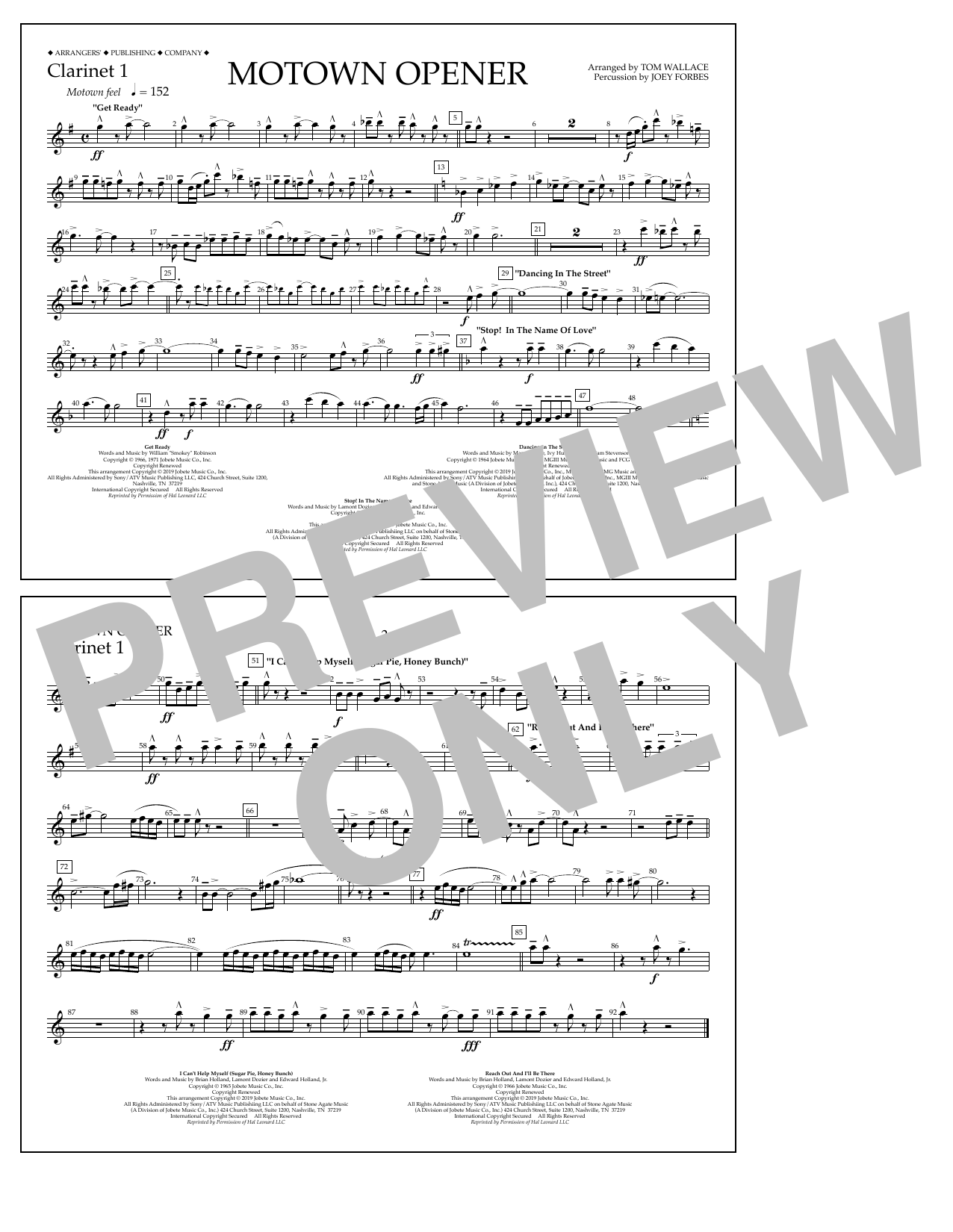 Various Motown Theme Show Opener (arr. Tom Wallace) - Clarinet 1 Sheet Music Notes & Chords for Marching Band - Download or Print PDF