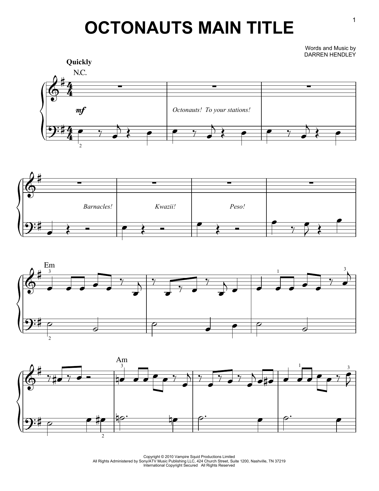 Various Octonauts Main Title Sheet Music Notes & Chords for Easy Piano - Download or Print PDF