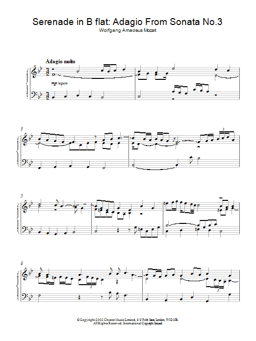 Various Serenade in B flat: Adagio From Sonata No.3 Sheet Music Notes & Chords for Piano - Download or Print PDF