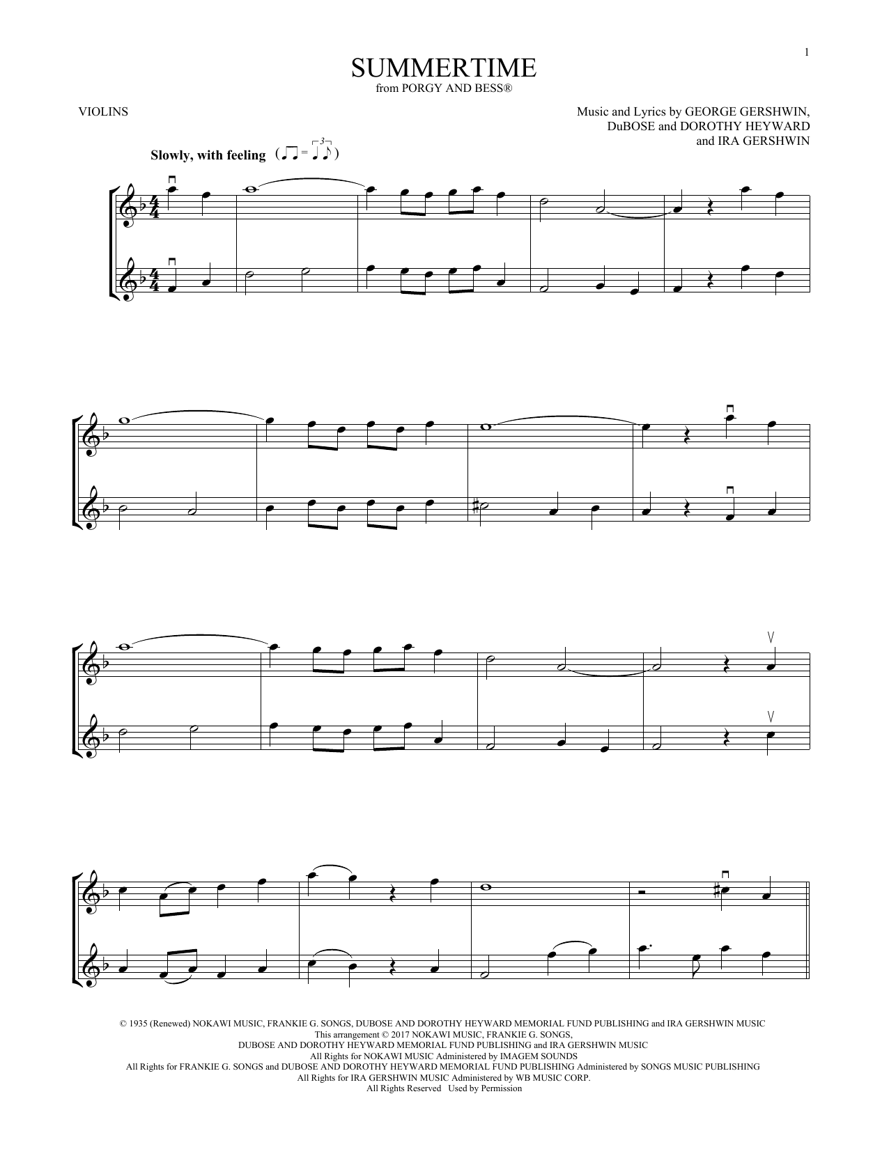 Various Summertime (from Porgy and Bess) Sheet Music Notes & Chords for Violin Duet - Download or Print PDF