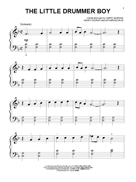 Katherine K. Davis The Little Drummer Boy Sheet Music Notes & Chords for Piano (Big Notes) - Download or Print PDF