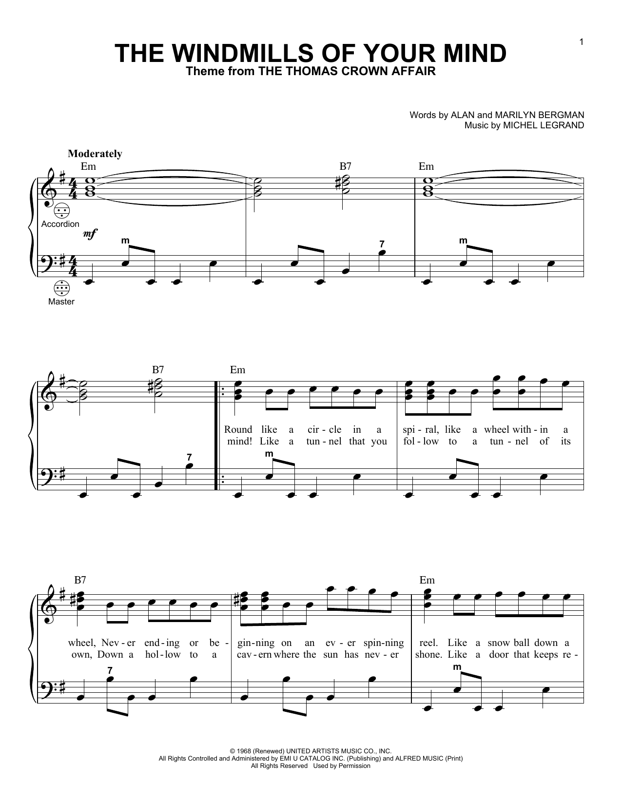 Various The Windmills Of Your Mind Sheet Music Notes & Chords for Accordion - Download or Print PDF