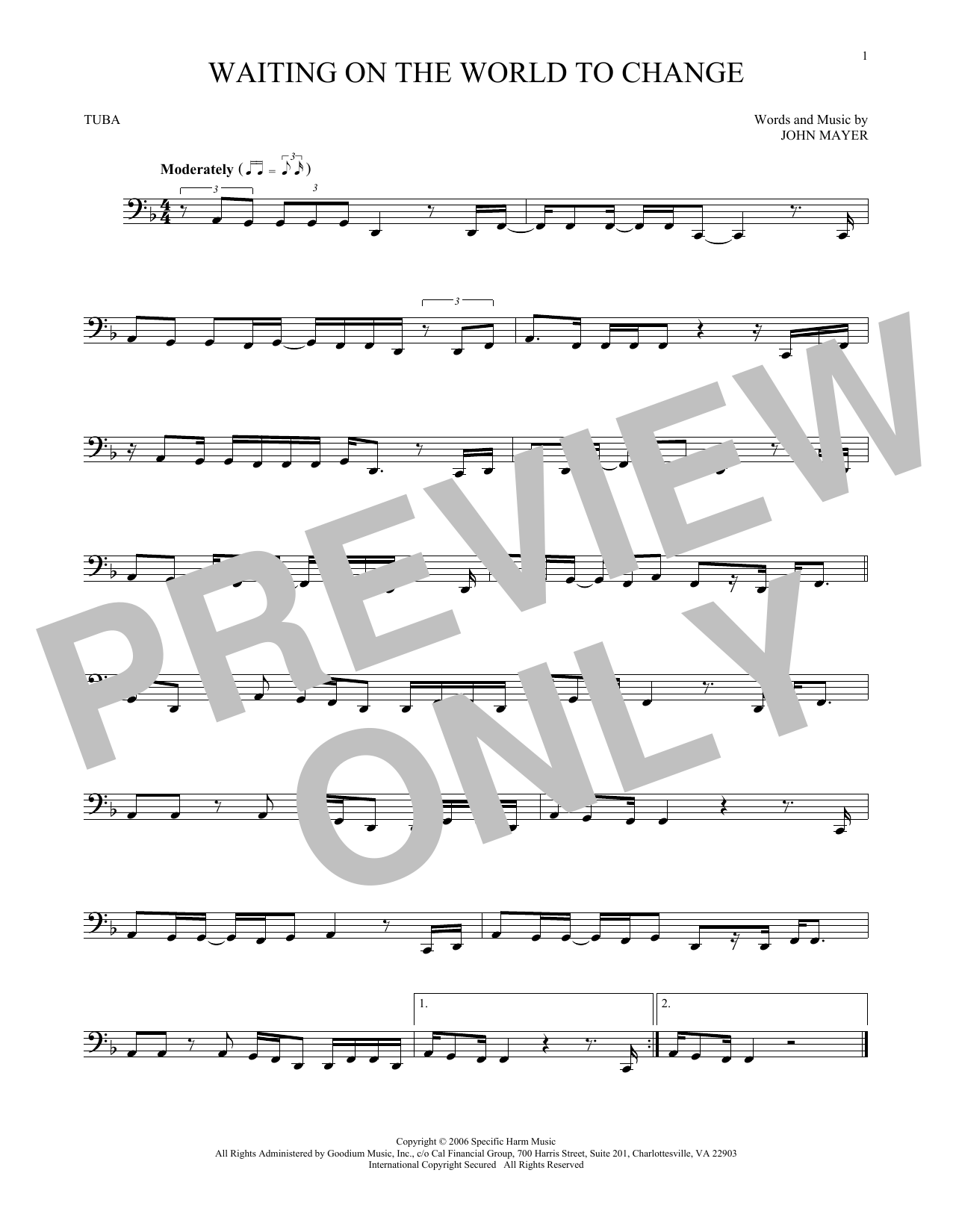 Various Waiting On The World To Change Sheet Music Notes & Chords for Tuba Solo - Download or Print PDF
