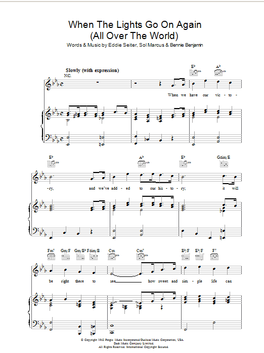 Bennie Benjamin When The Lights Go On Again (All Over The World) Sheet Music Notes & Chords for Piano, Vocal & Guitar (Right-Hand Melody) - Download or Print PDF Bennie Benjamin When The Lights Go On Again (All Over The World) Sheet Music Notes & Chords for Piano, Vocal & Guitar (Right-Hand Melody) - Download or Print PDF