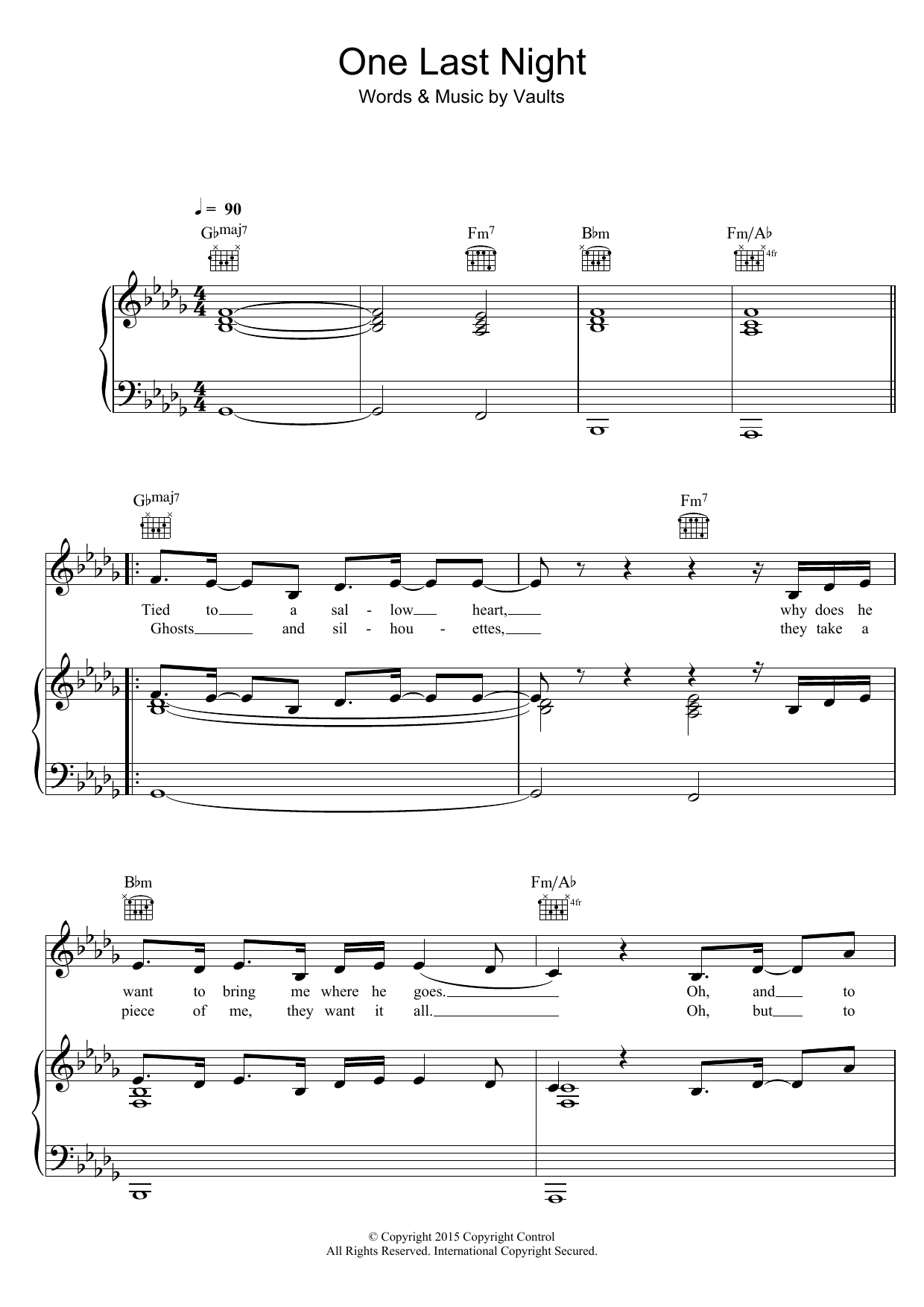Vaults One Last Night (from 'Fifty Shades Of Grey') Sheet Music Notes & Chords for Piano, Vocal & Guitar (Right-Hand Melody) - Download or Print PDF