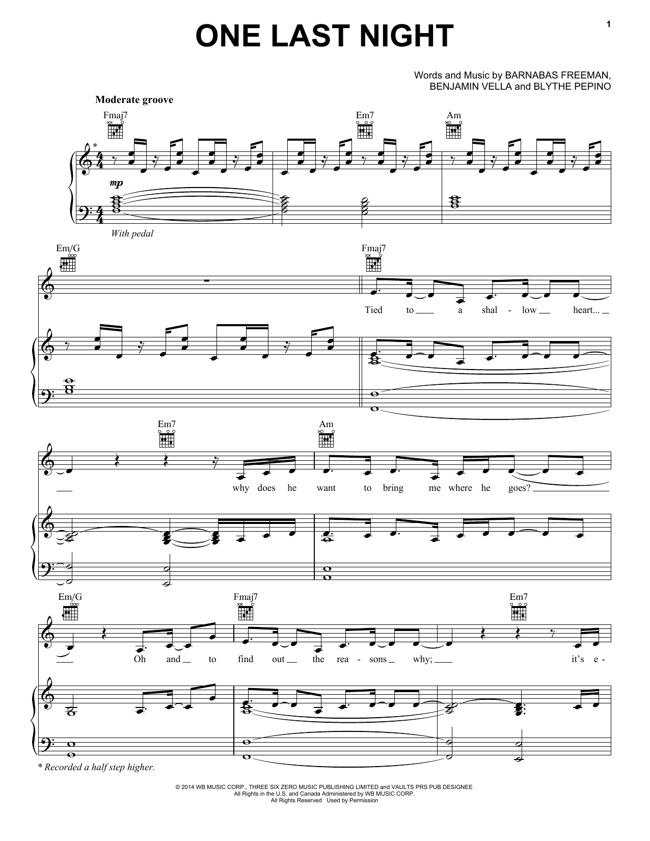 Vaults One Last Night Sheet Music Notes & Chords for Piano, Vocal & Guitar (Right-Hand Melody) - Download or Print PDF