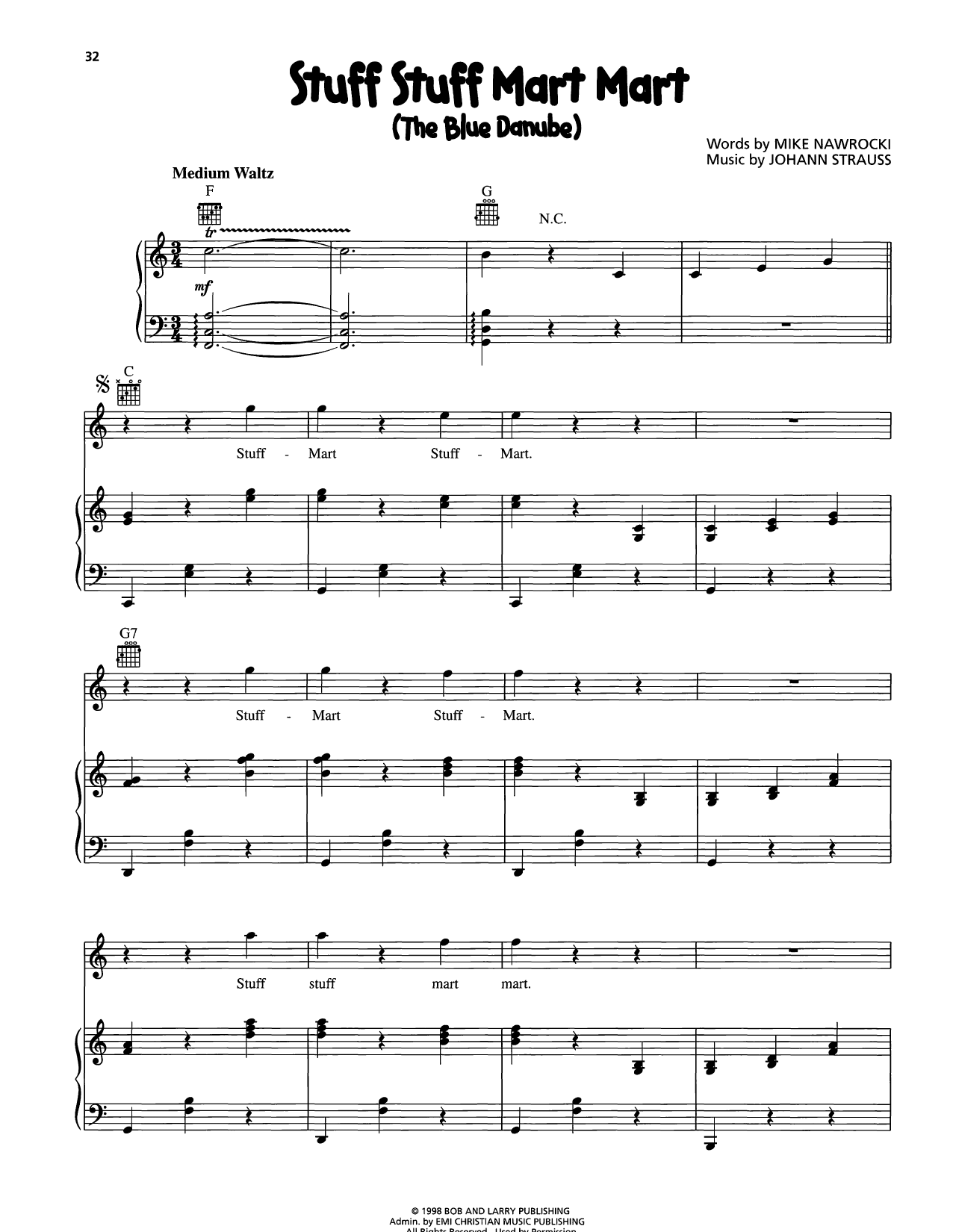 VeggieTales Stuff Stuff Mart Mart (The Blue Danube) Sheet Music Notes & Chords for Piano, Vocal & Guitar Chords (Right-Hand Melody) - Download or Print PDF