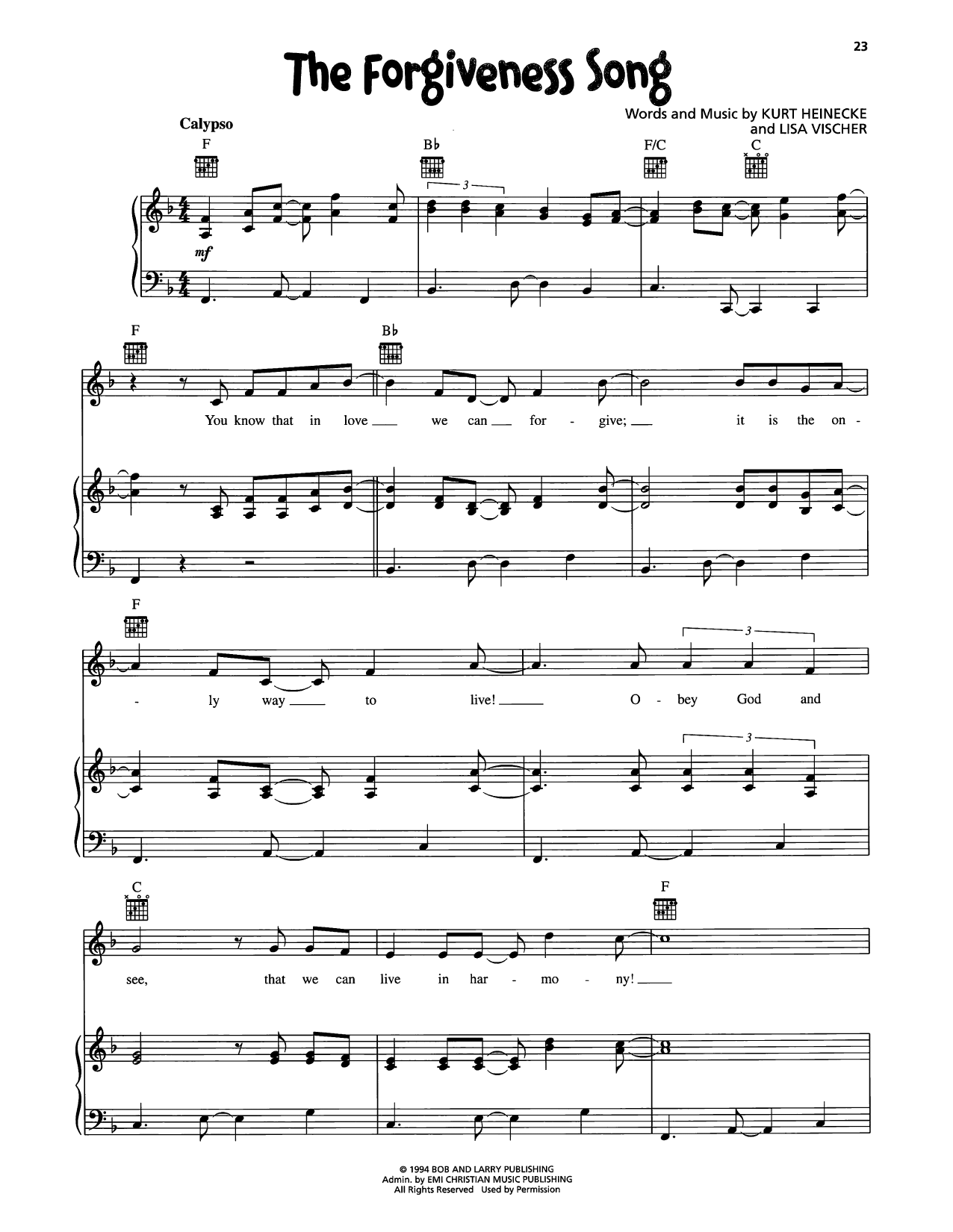 VeggieTales The Forgiveness Song Sheet Music Notes & Chords for Piano, Vocal & Guitar Chords (Right-Hand Melody) - Download or Print PDF