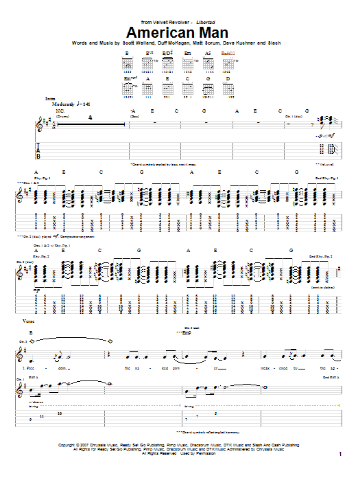 Velvet Revolver American Man Sheet Music Notes & Chords for Guitar Tab - Download or Print PDF