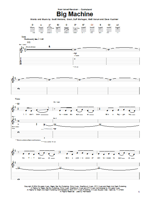 Velvet Revolver Big Machine Sheet Music Notes & Chords for Guitar Tab - Download or Print PDF