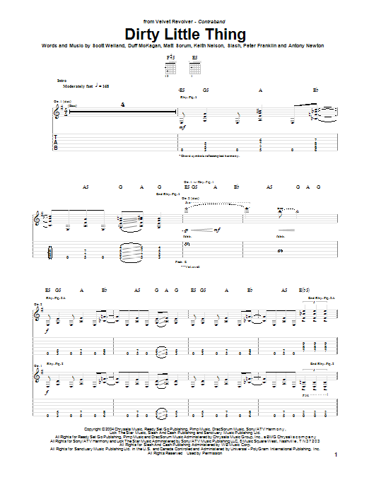 Velvet Revolver Dirty Little Thing Sheet Music Notes & Chords for Guitar Tab - Download or Print PDF