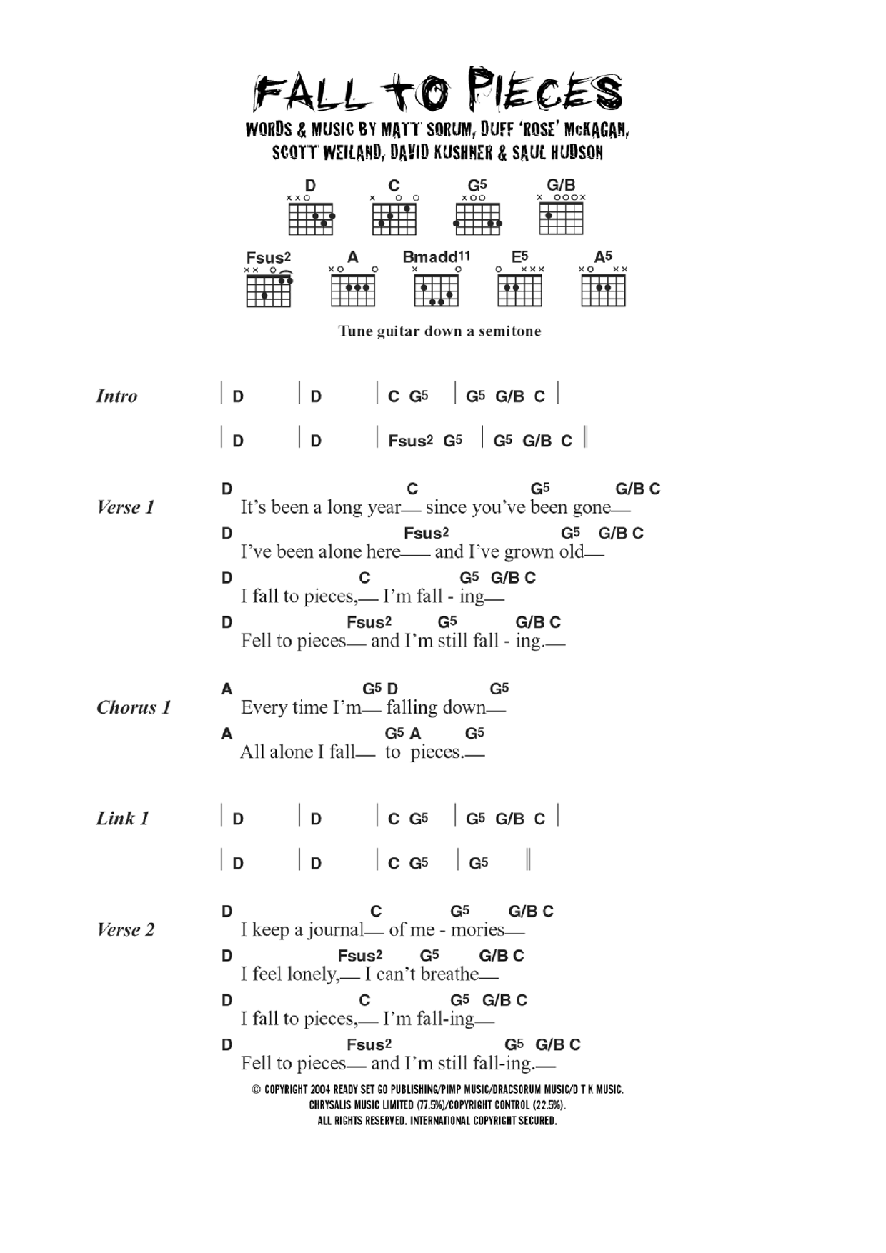 Velvet Revolver Fall To Pieces Sheet Music Notes & Chords for Easy Guitar Tab - Download or Print PDF