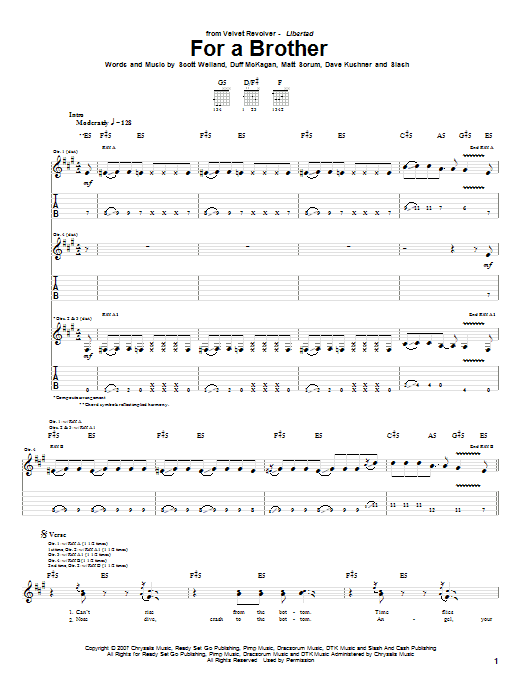 Velvet Revolver For A Brother Sheet Music Notes & Chords for Guitar Tab - Download or Print PDF