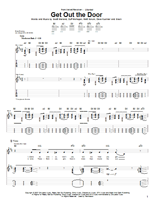 Velvet Revolver Get Out The Door Sheet Music Notes & Chords for Guitar Tab - Download or Print PDF