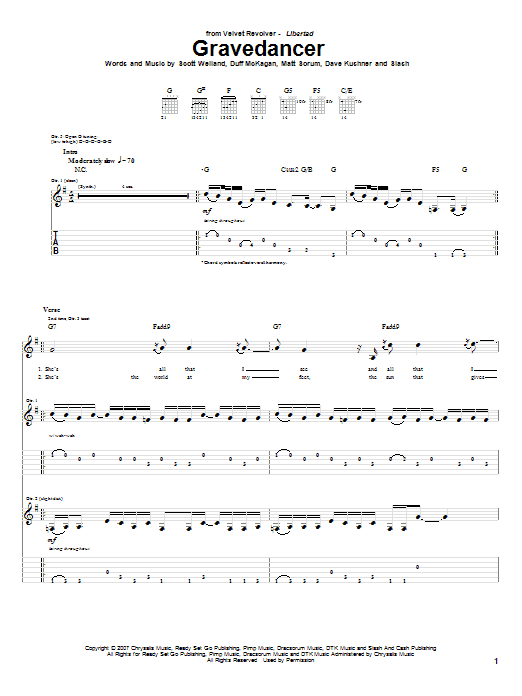 Velvet Revolver Gravedancer Sheet Music Notes & Chords for Guitar Tab - Download or Print PDF