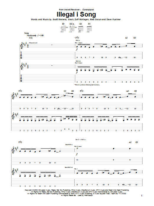Velvet Revolver Illegal I Song Sheet Music Notes & Chords for Guitar Tab - Download or Print PDF