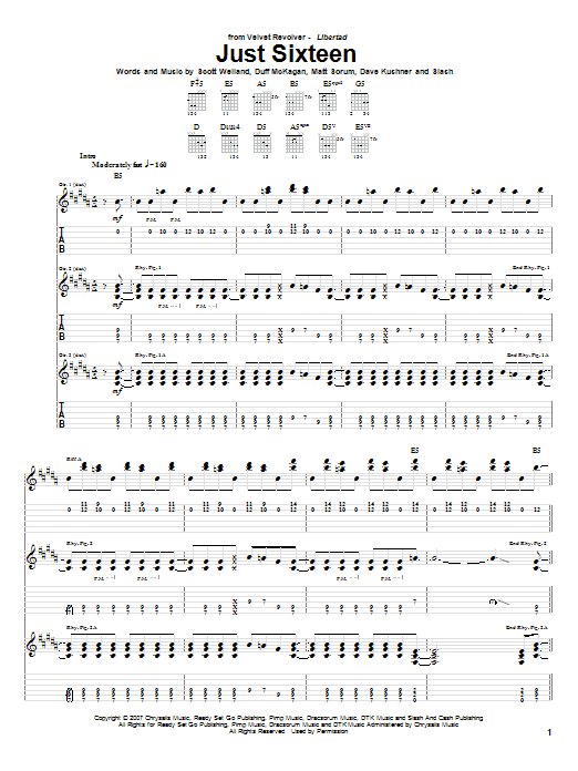 Velvet Revolver Just Sixteen Sheet Music Notes & Chords for Guitar Tab - Download or Print PDF