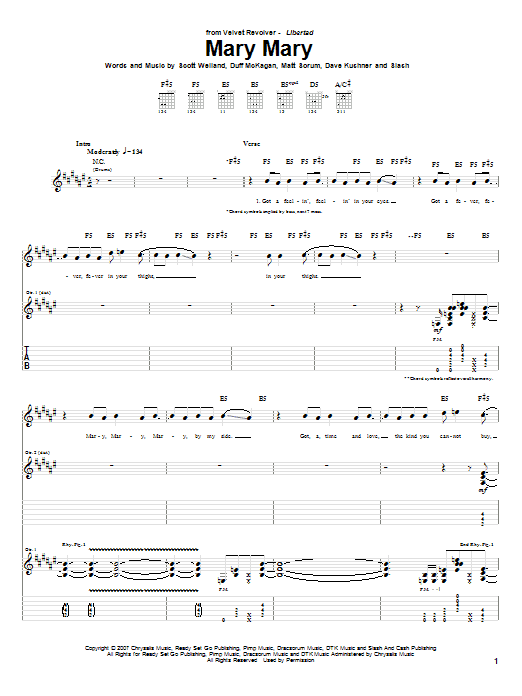 Velvet Revolver Mary Mary Sheet Music Notes & Chords for Guitar Tab - Download or Print PDF