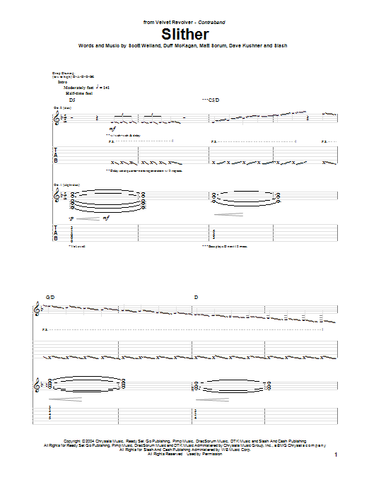 Velvet Revolver Slither Sheet Music Notes & Chords for Easy Guitar Tab - Download or Print PDF