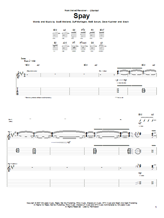 Velvet Revolver Spay Sheet Music Notes & Chords for Guitar Tab - Download or Print PDF Velvet Revolver Spay Sheet Music Notes & Chords for Guitar Tab - Download or Print PDF