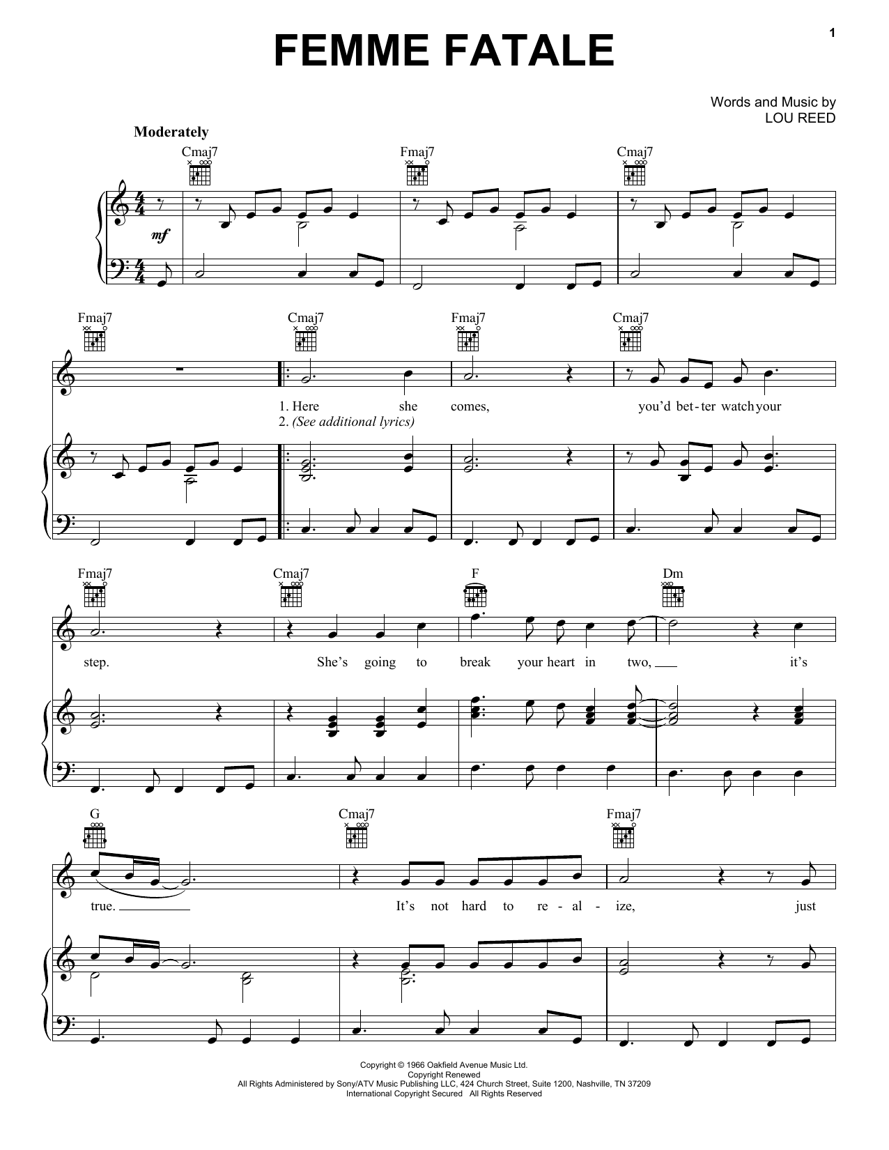 Velvet Underground Femme Fatale Sheet Music Notes & Chords for Piano, Vocal & Guitar (Right-Hand Melody) - Download or Print PDF