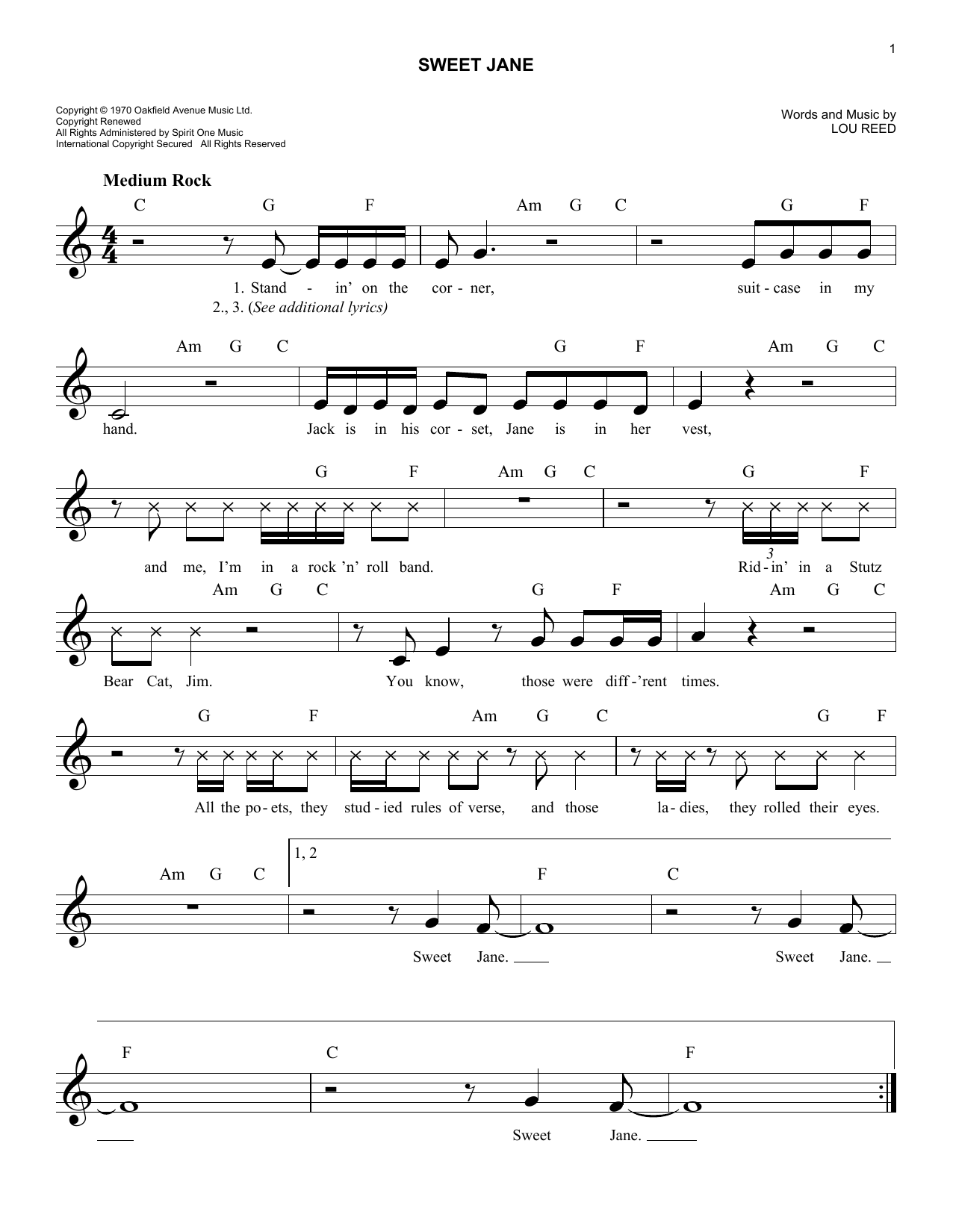 The Velvet Underground Sweet Jane Sheet Music Notes & Chords for Melody Line, Lyrics & Chords - Download or Print PDF