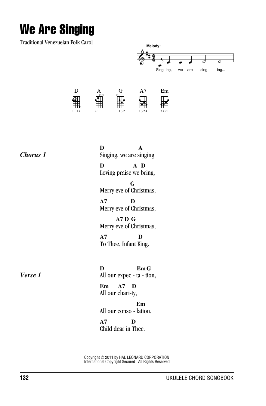 Venezuelan Folk Carol We Are Singing Sheet Music Notes & Chords for Ukulele with strumming patterns - Download or Print PDF